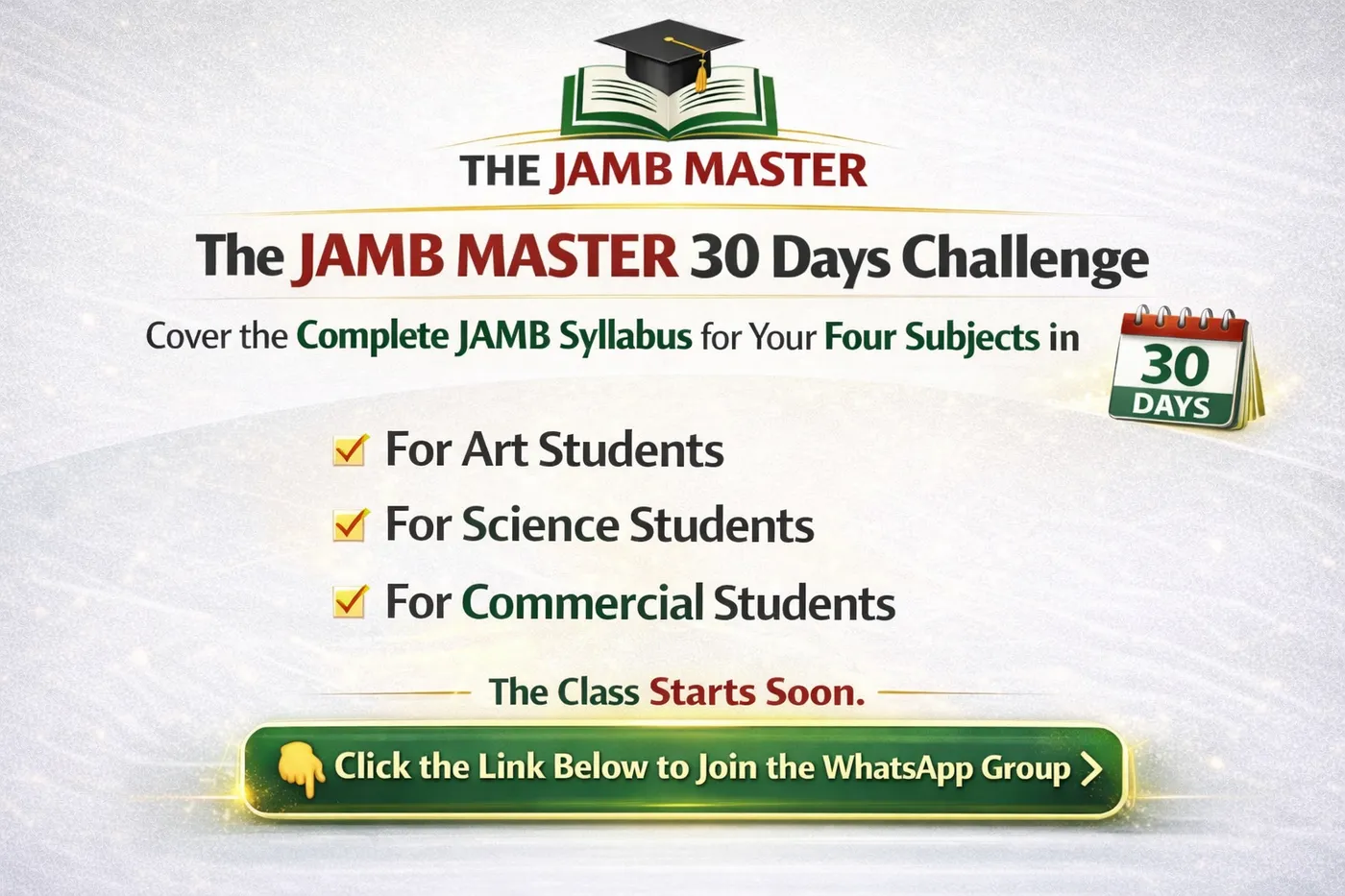 The Jamb Master 30 Days Challenge — Cover the complete JAMB syllabus for Art, Science, and Commercial students