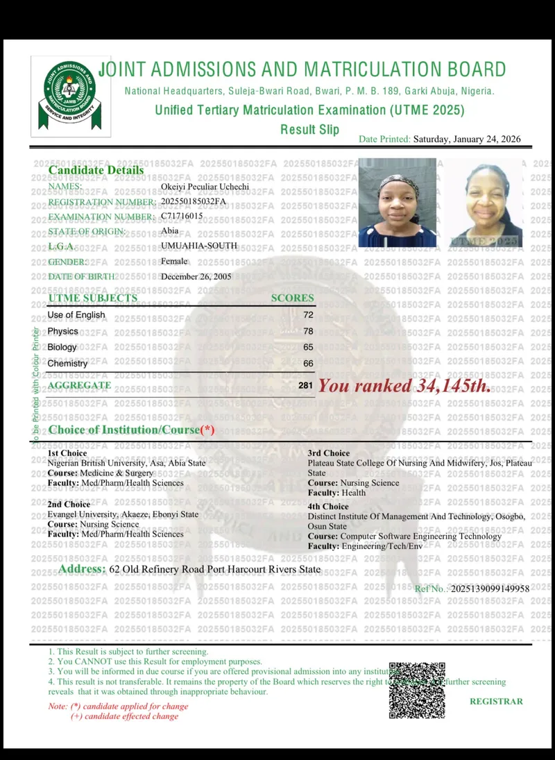 Official JAMB result slip showing a score of 281 for Medicine & Surgery
